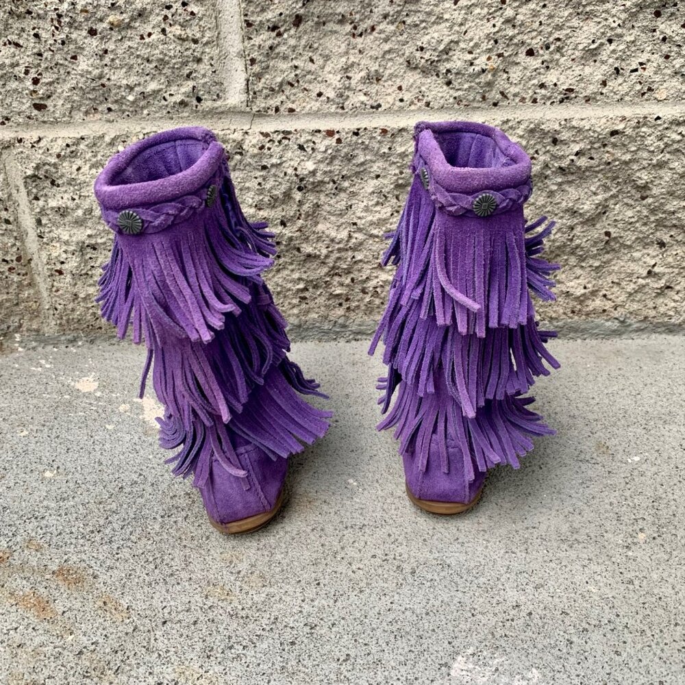 MINNETONKA Purple Fringe Boots Girls 12 Toddler Girl Boho Hippy Moccasin Boot - Picture 6 of 11